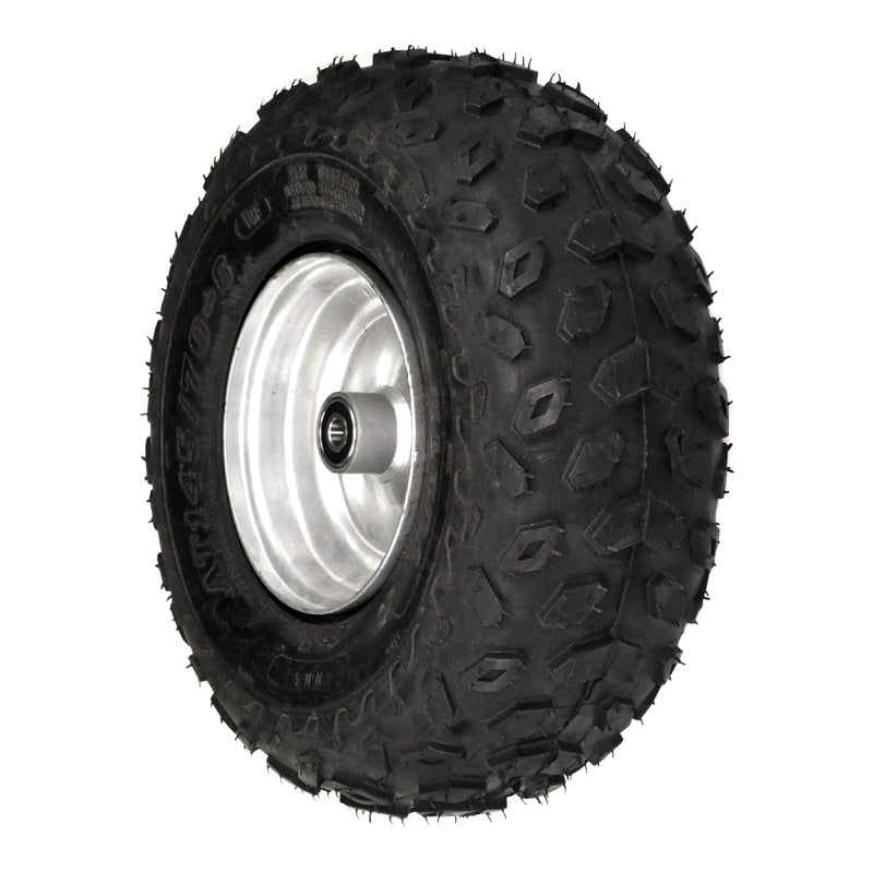 145/70-6 Front Wheel Assembly for Baja Blitz, Dirt Bug, Doodle Bug, & Racer, featuring a black tire with a silver rim and detailed tread.