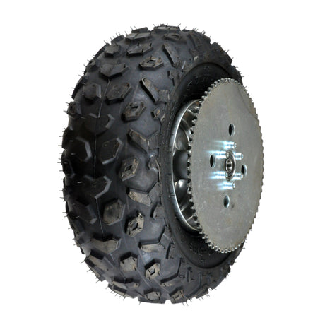 145/70-6 Rear Wheel Assembly for Baja Blitz, Dirt Bug, Doodle Bug, & Racer (DB30S) featuring a black tire with a metal wheel, including sprocket, rear rim, and 6201-2RS wheel bearings.