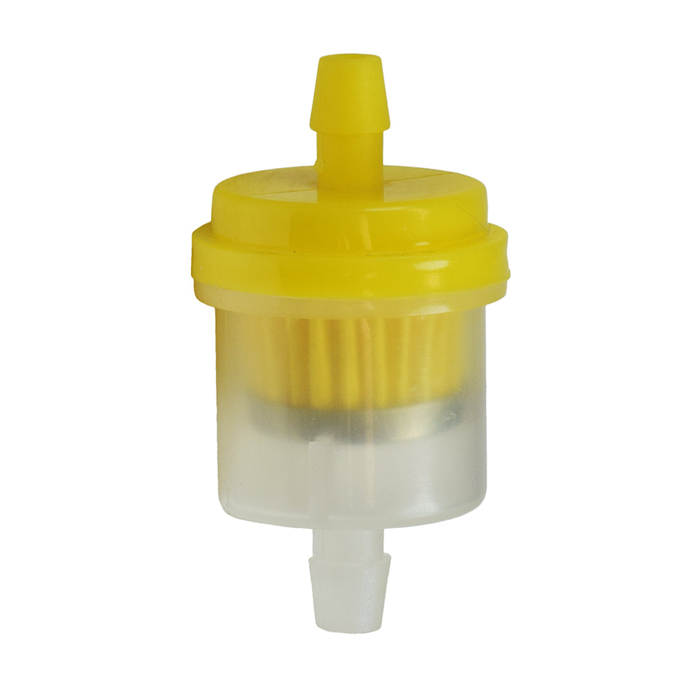 Fuel Filter with Plastic Case for Baja Motorsports Go-Karts, featuring a clear body with a yellow cap and nozzle, designed to connect securely to 5 mm internal fuel hoses.