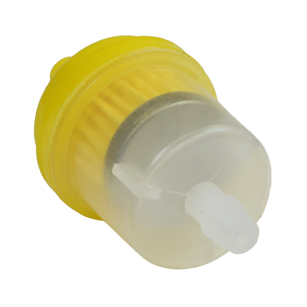 Fuel Filter with Plastic Case for Baja Motorsports Go-Karts. Close-up of a small, cylindrical plastic filter designed to keep debris out of the engine, suitable for various vehicles, including go-karts and ATVs.