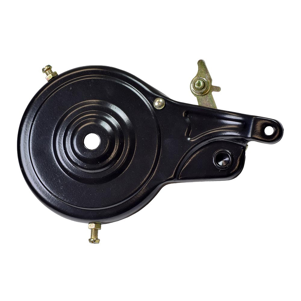 80 mm Bicycle Rear Band Brake Assembly for Schwinn Meridian Trikes, showcasing a black metal pulley with screws, riveted band, and visible bolts, designed for effective braking on trikes.