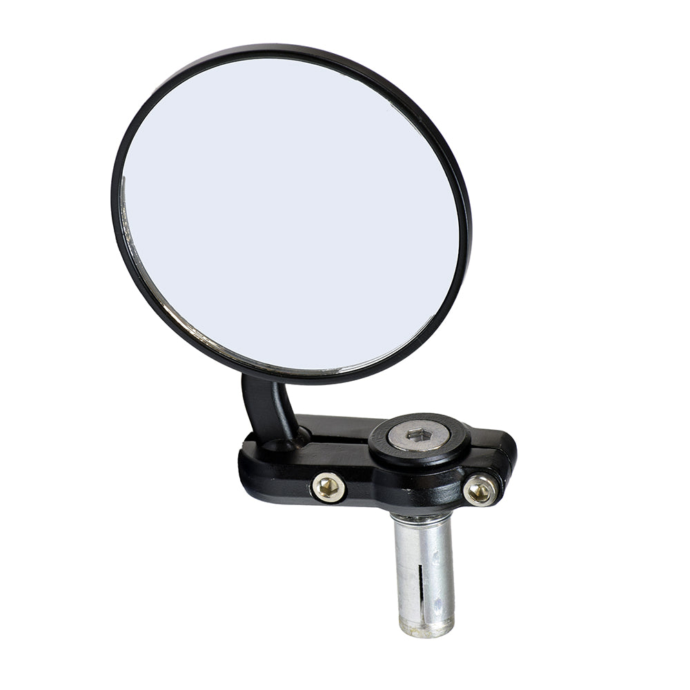 Bar-End Mirror for Recreational Scooters, featuring a round black frame with an attachable screw mechanism, shown close-up with a convex glass mirror for enhanced magnification and adjustable mounting.