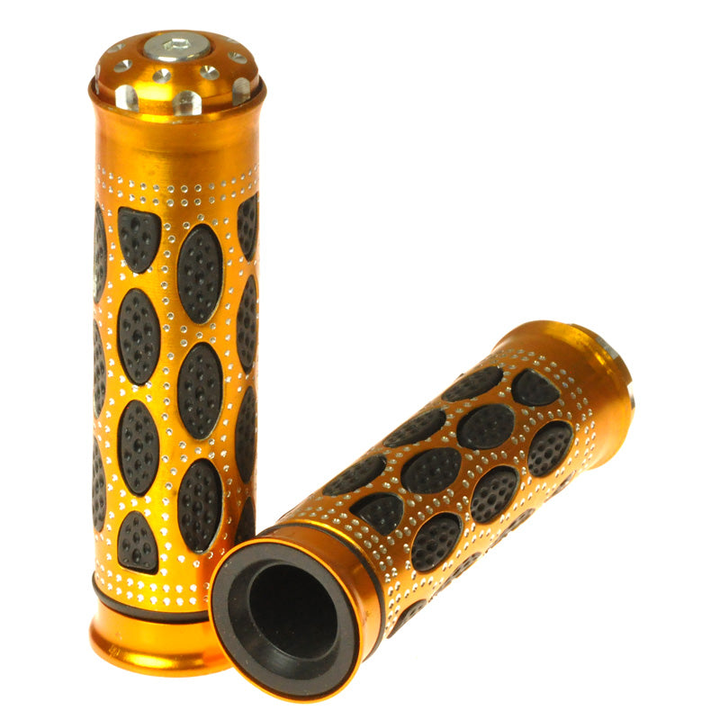 Baroque Style Mobility Scooter Grip Set featuring ornate, gold and black handlebars, designed to fit a standard 7/8 handlebar shaft. Perfect for adding an elegant touch to your scooter's tiller.