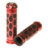 Baroque Style Mobility Scooter Grip Set featuring ornate, red handlebars, shown in close-up detail. Designed for standard 7/8 shafts, these grips add an elegant touch to any scooter.