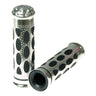 Baroque Style Mobility Scooter Grip Set featuring a pair of intricately designed silver and black handlebars with a close-up view showcasing their ornate detailing and cylindrical structure.