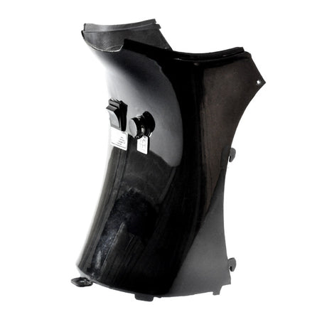 Razor Pocket Mod Seat Base Front Fairing - Black, showing a broken black plastic piece designed to cover the front of the seat base, featuring slots for the charger port and On/Off switch.