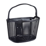 Front Basket for Amigo Mobility Scooters: A black plastic basket with a handle, designed for various Amigo models including Fiesta, featuring a metal mesh pattern. Not compatible with Amigo Shopper models.