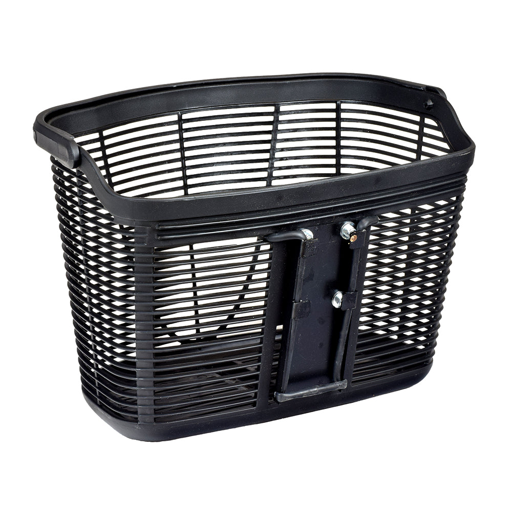 Front Basket for Amigo Mobility Scooters, featuring a black plastic design with a sturdy handle, suitable for various models including Amigo Fiesta.