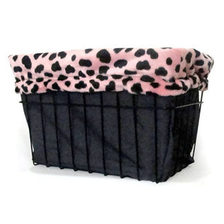 Pink Leopard Basket Buddy Basket Liner in black with pink and black spots, shown as a reversible basket liner that converts into a carry bag with drawstrings.