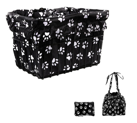 Basket Liner & Carrying Sack with Drawstring featuring white paw prints on a black background, designed for bike or scooter baskets, with a drawstring closure for easy conversion into a carry bag.