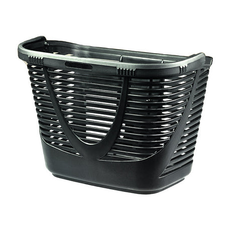 Black Plastic Basket for the Pride Celebrity X (SC4001/SC4401) and the Celebrity XL HD (SC4450DX) mobility scooters, featuring a handle and designed for convenient storage.