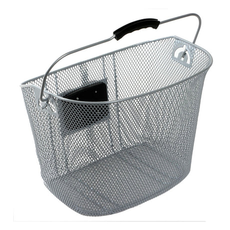 Basket with Quick Release featuring a handle and spacious interior, ideal for bikes and scooters. The basket is shown in a close-up view, emphasizing its practical design elements.