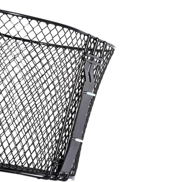 Close-up of a black wire mesh basket with hardware for PaceSaver scooters, highlighting its sturdy construction and mesh design, essential for replacing damaged or missing scooter baskets.