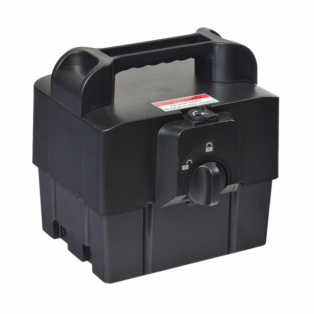 Battery Box Assembly for the Drive Phoenix HD3 & HD4, featuring a black box with a lock, designed for easy removal and transport.