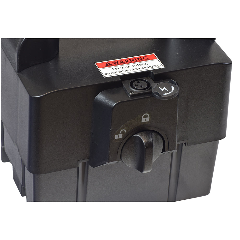 Battery Box Assembly for the Drive Phoenix HD3 & HD4, featuring a black box with a red label and a white padlock, designed for easy disassembly and transport.