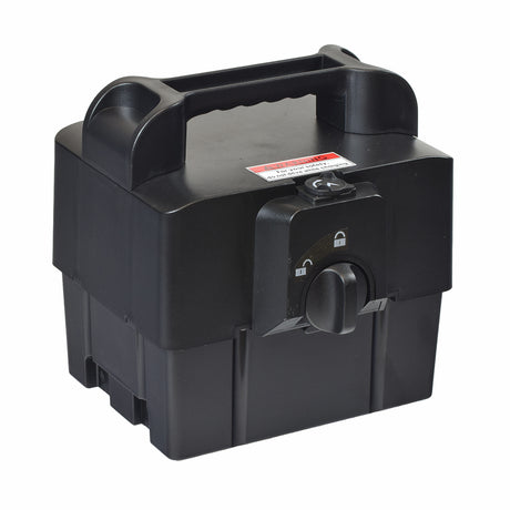 Battery Box for the Drive Medical Phoenix HD3 & HD4 (Blemished), featuring a lock and handle, shown in close-up, ideal for replacing damaged or missing battery boxes in mobility scooters.