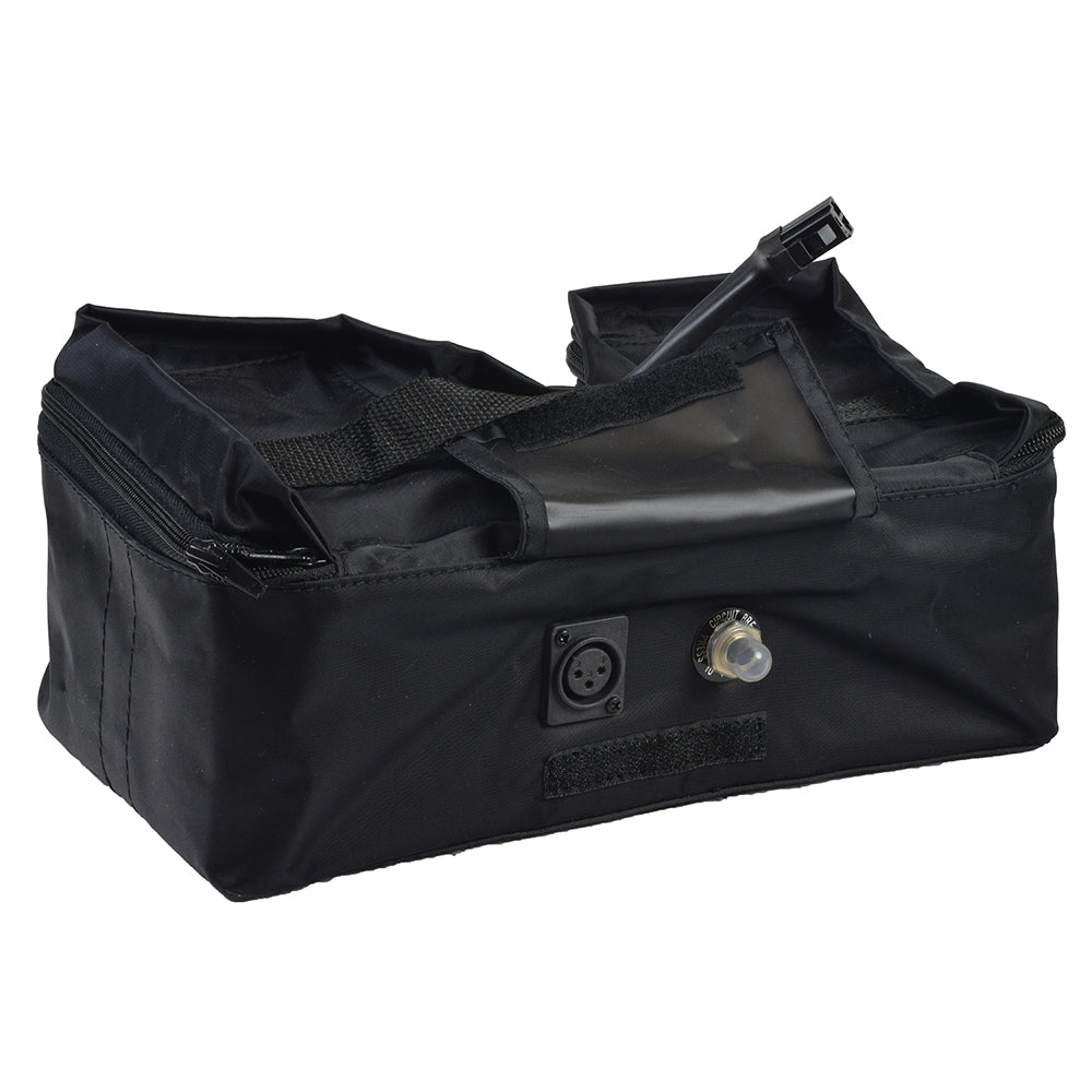 Battery Bag Assembly for the Pride Travel Pro (SC36) and Mega Motion Travel Pal (MM111) Mobility Scooters, featuring a black fabric bag with a plug, cable, and black strap.