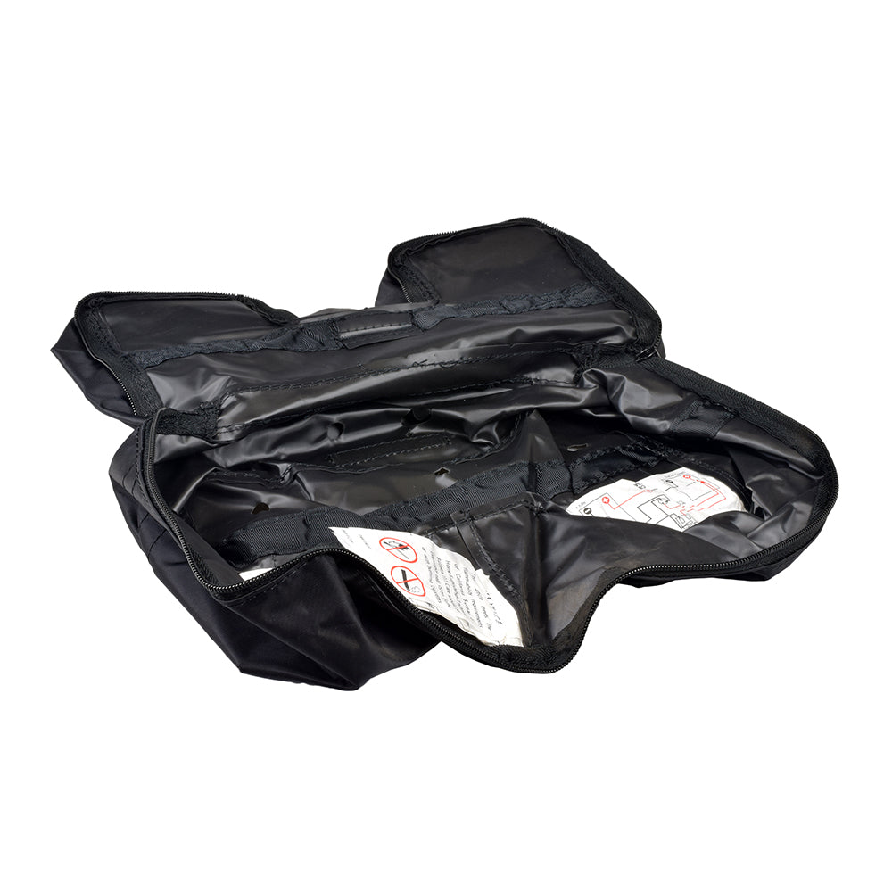 Battery Bag Assembly for the Pride Travel Pro (S36) and Mega Motion Travel Pal (MM111) Mobility Scooters: A black fabric bag with a white label, designed to secure AGM mobility batteries and associated components.