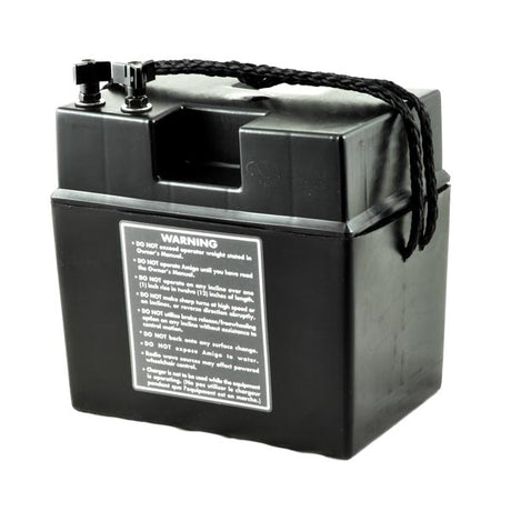 Battery Box Assembly with 24 Volt 12 Ah Batteries for the Amigo Classic FD & Viva Scooters, featuring a black battery with a black cord, ideal for seamless transportation and reliable mobility.