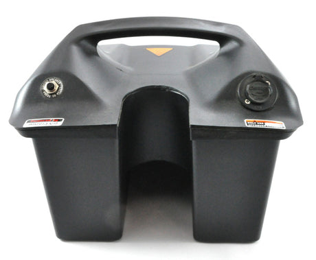 Battery Box for the Shoprider Dasher 9 (GK7-3), a black plastic container with two knobs, suitable as a replacement or backup power source for the mobility scooter.