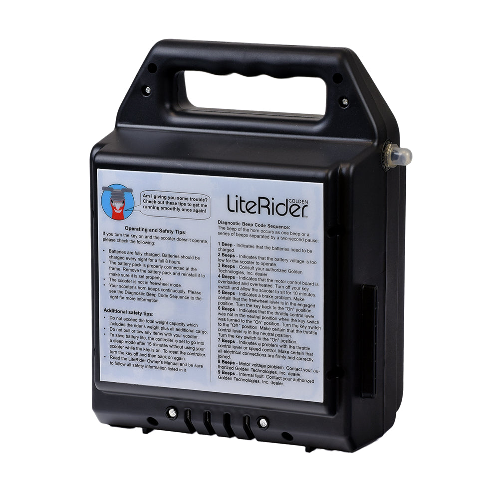 Battery Box Assembly for the Golden Technologies LiteRider (GL110/GL140) & LiteRider PTC (GP160/GP162) shown as a black plastic box with a white label and handle.