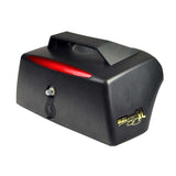 Battery Box Cover for the Golden Technologies Buzzaround XL 3-Wheel (GB116) & Buzzaround XL 4-Wheel (GB146) mobility scooters, featuring a rectangular design with a red handle on a black surface.