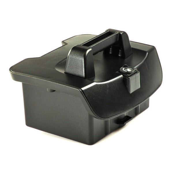 Battery Box Assembly for the Drive Medical Bobcat 3 and Bobcat 4, featuring a black plastic box with a handle, designed for easy removal and fresh high-quality UPG batteries.