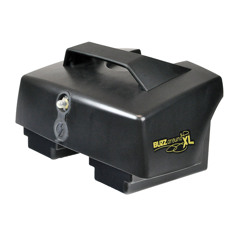 Standard Battery Box Assembly for the Golden Technologies Buzzaround XL (GB116/GB146) (Blemished), featuring a sturdy black machine with a light, designed to hold 12 Ah or 15 Ah batteries.