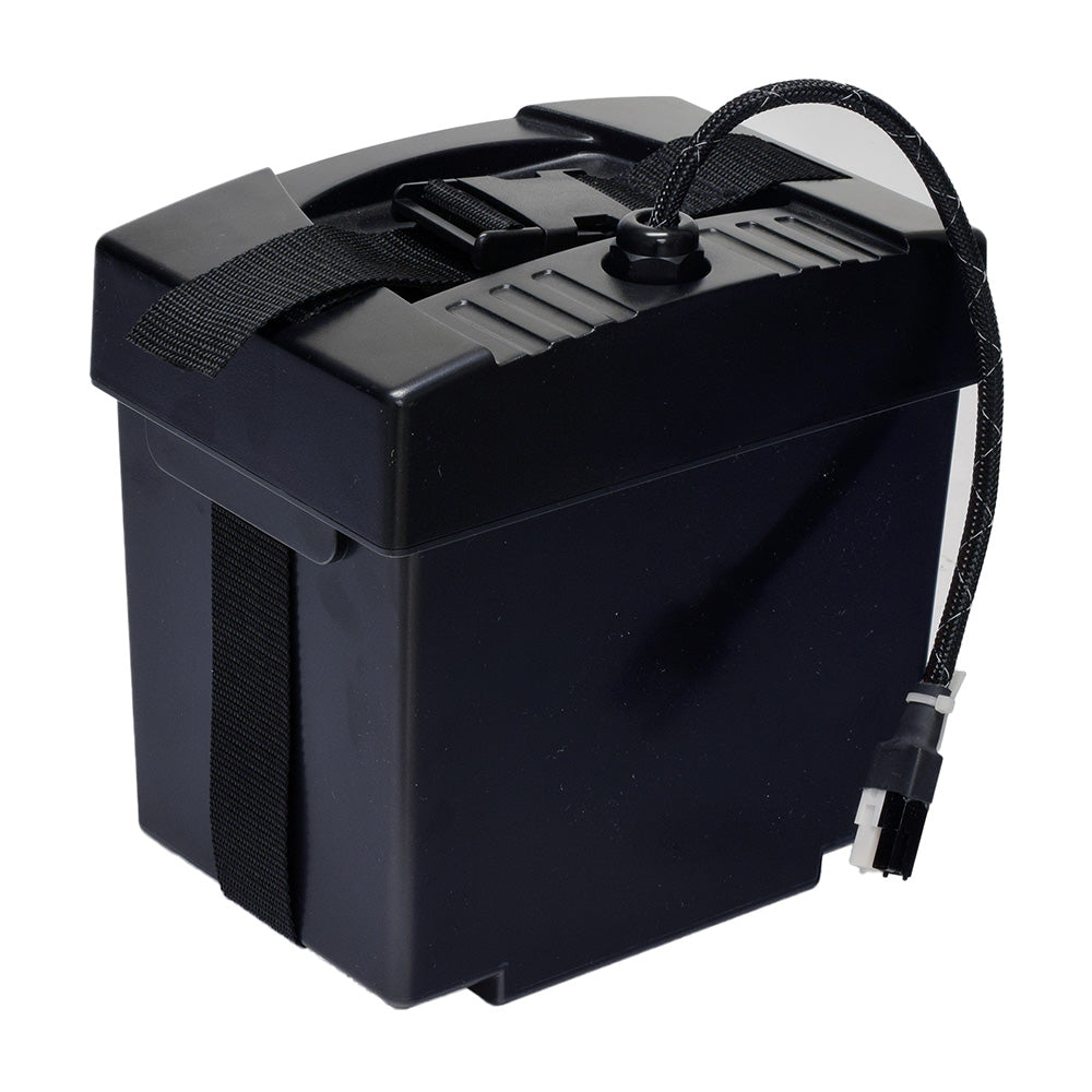 Battery Box Assembly for the Jet 7 power chair featuring a black battery with a black strap and necessary wiring harness for OEM replacement or backup power.