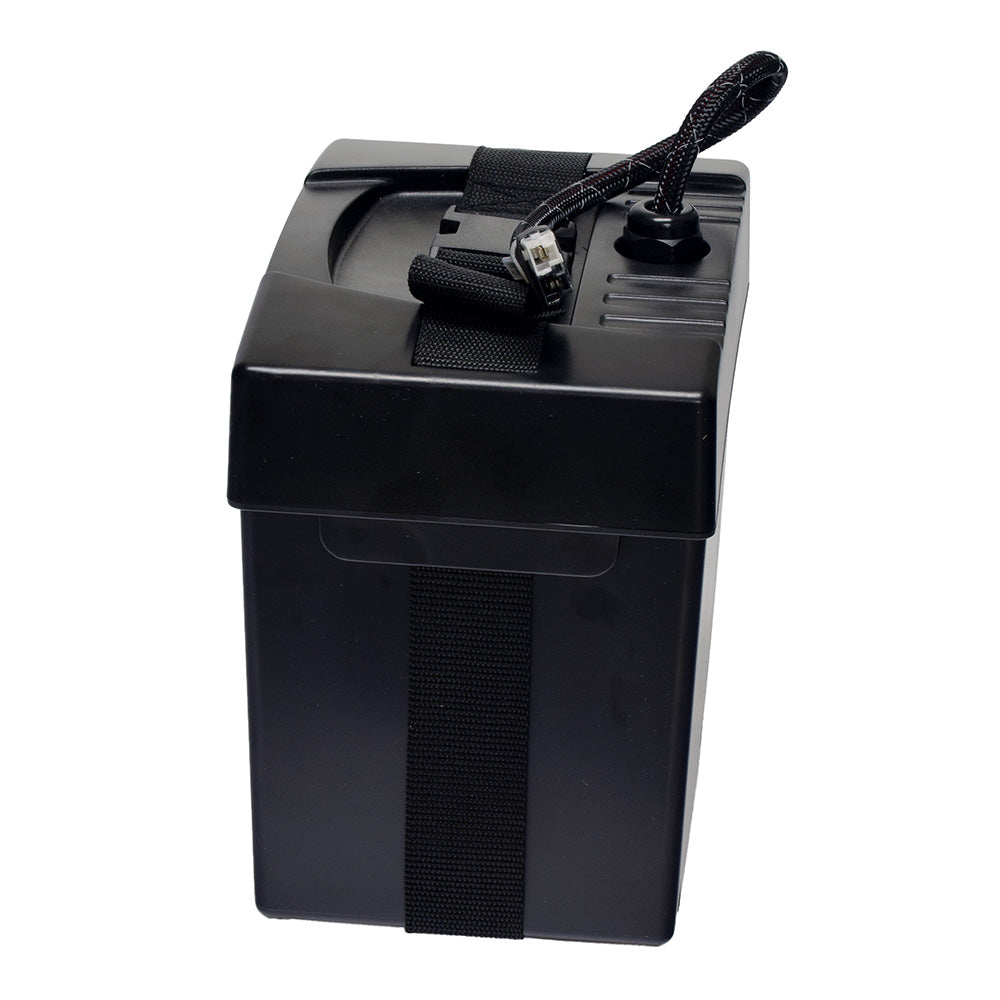 Battery Box Assembly for the Jet 7 power chair, featuring a black box with a strap and integrated cable, designed for holding one 35 Ah battery, suitable for replacement or backup use.