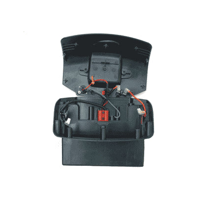 Battery Box Assembly for Invacare Zoom 220, featuring a black plastic box with wires, detailing components like the top and bottom sections, hardware, and a jumper wire.