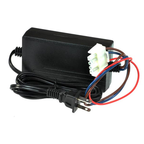 24 Volt 2.0 Amp Battery Charger for the Rascal 120 Little Rascal Mobility Scooter, showing a black power supply with attached red and blue wires.