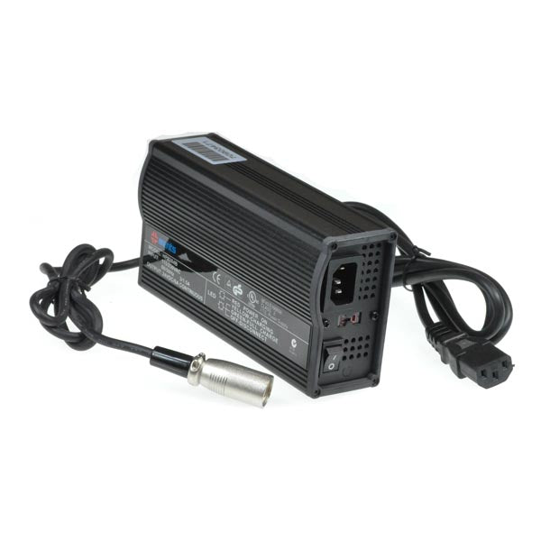 Battery Charger for the Rascal 655 Mobility Scooter, featuring a black power supply unit with attached wires, and close-up details of its components, including LED indicators and XLR charging connectors.