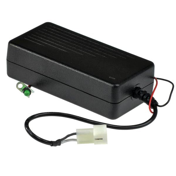 24 Volt 2.0 Amp Battery Charger for Rascal AutoGo 550, AutoGo 555, and Balance 555 Mobility Scooters, featuring attached charging cords with a green and red wire, integrated into a black power supply.