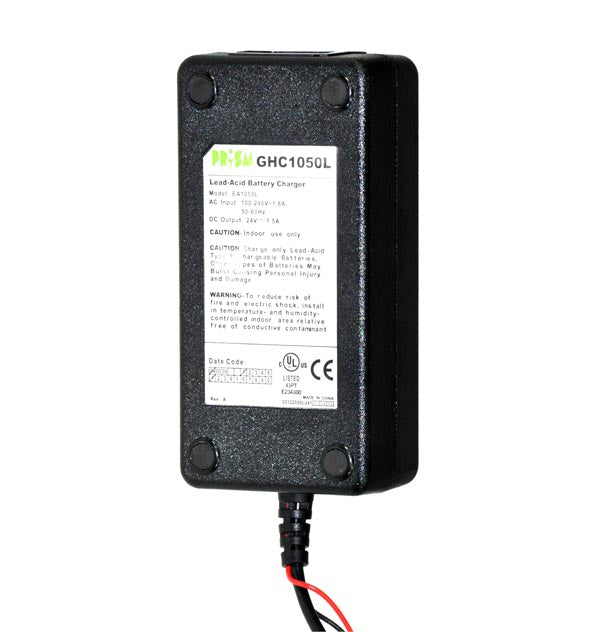 24 Volt 2.0 Amp Battery Charger for Rascal AutoGo 550, AutoGo 555, and Balance 555 Mobility Scooters, featuring a black rectangle with red wires and a non-removable charging cord.