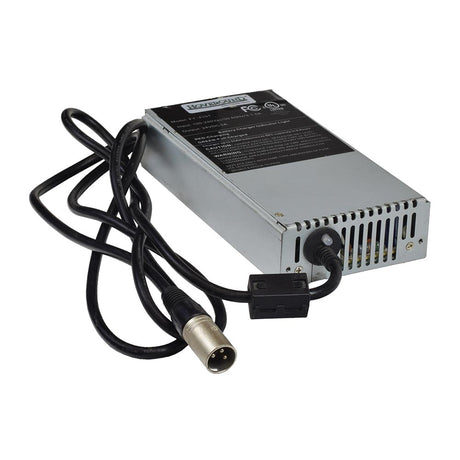 Off-Board XLR Battery Charger for Hoveround® MPV4® and MPV5® (Used) featuring a silver electronic device with attached black wires, shown in a close-up view highlighting the power supply and cables.