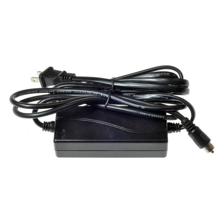 12 Volt 1.5 Amp Battery Charger for Minimoto Hybrid, featuring a black power cord with a plug, now discontinued and no longer available.