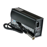 24 Volt 3.0 Amp XLR HP8204B Battery Charger by High Power, featuring a black electronic device with a cable. Suitable for mobility scooters and wheelchairs, it includes LED indicators for charge status.