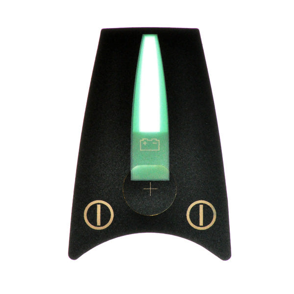 Battery Indicator Keypad for Pilot Joystick Controller on Pride Mobility scooters, showing a close-up of the black and green device with a white light indicating battery status.