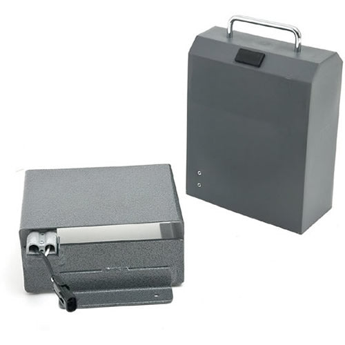 Battery Box with 18 Ah Battery & External Charger for Pride Scooter & Power Chair Vehicle Lifts, featuring a grey rectangular box with a black handle and cord, plus a metal handle.