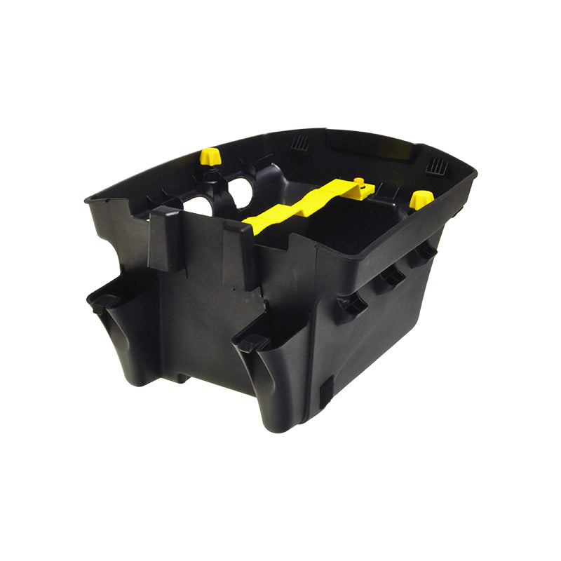 Battery Tray Assembly for Pride TSS 300, Jazzy Select 6, and Jazzy Select Elite, featuring a sturdy black and yellow design with a convenient handle for easy transport.