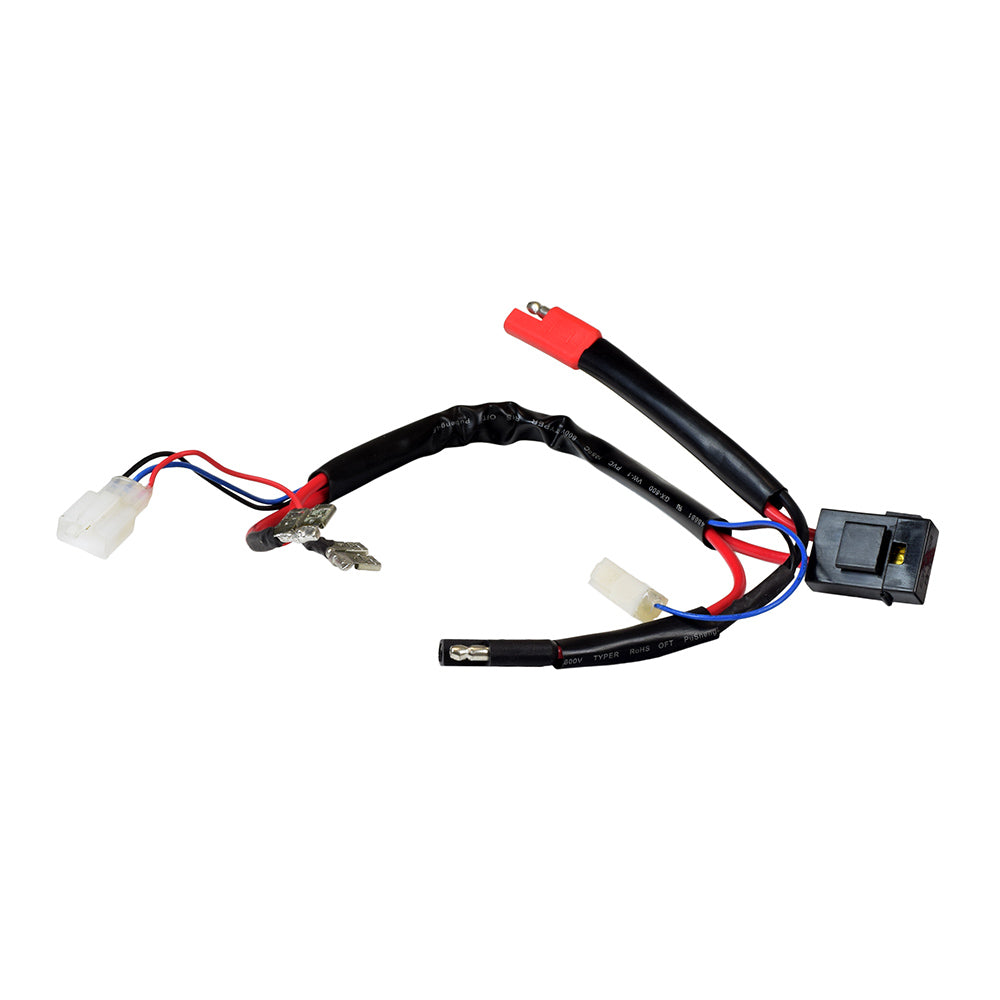 Close-up of the Battery Wiring Harness with Charge Inhibitor for Schwinn & IZIP 400, 500 & 750 Series Scooters, showing black and red electrical wires with connectors and heat-shrink tubing.