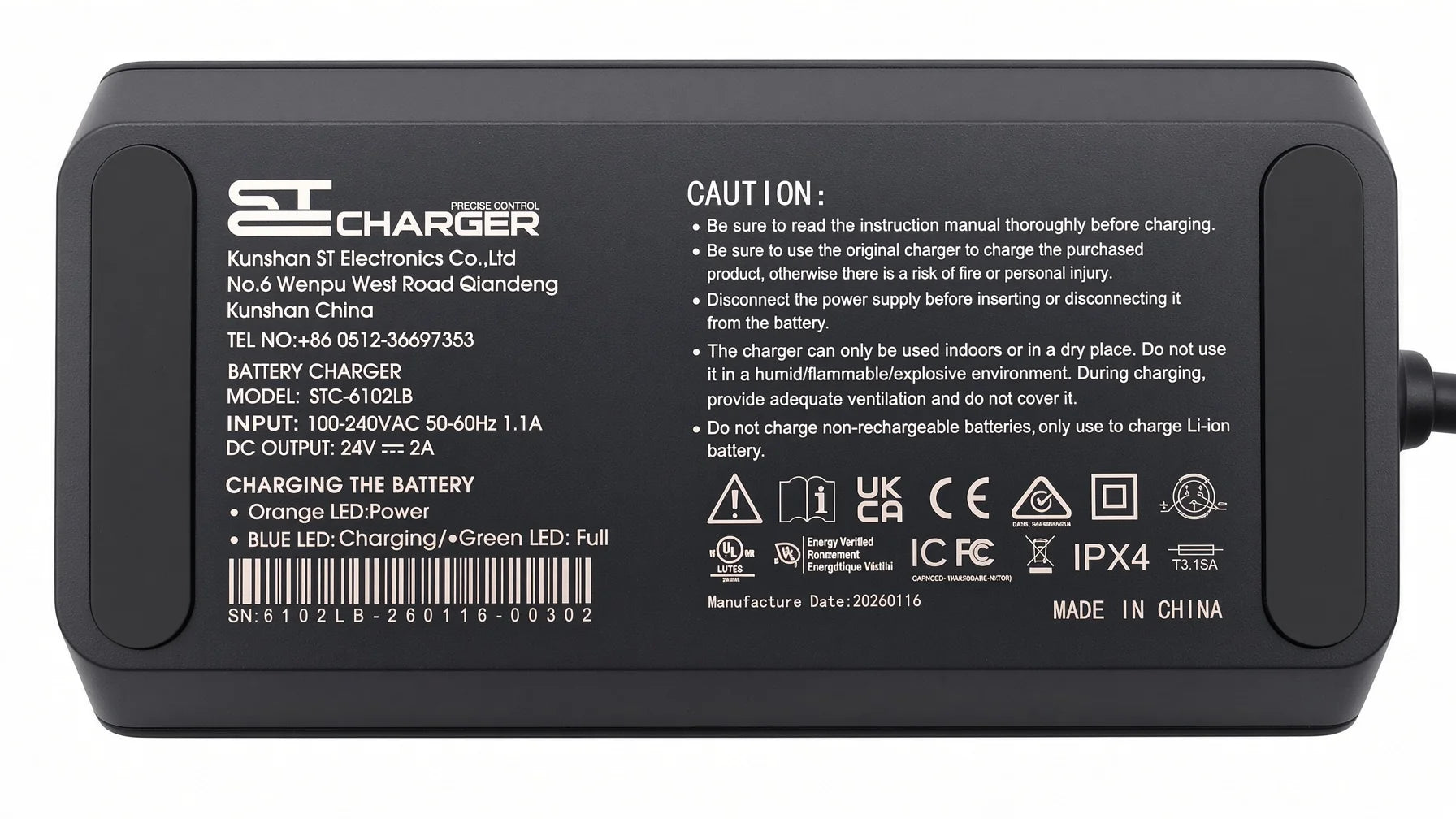 Battery charger data plate information for the Drive Zoome lightweight mobility scooter. 24 volt 2.0 amp