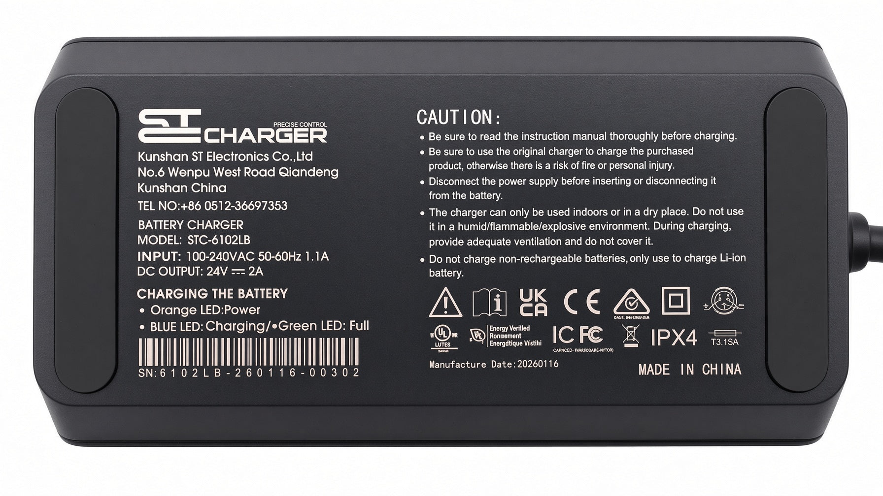 Close-up of the battery charger for the Golden Cricket GP302 and Golden Stride GP301 power chairs, showing the connector.