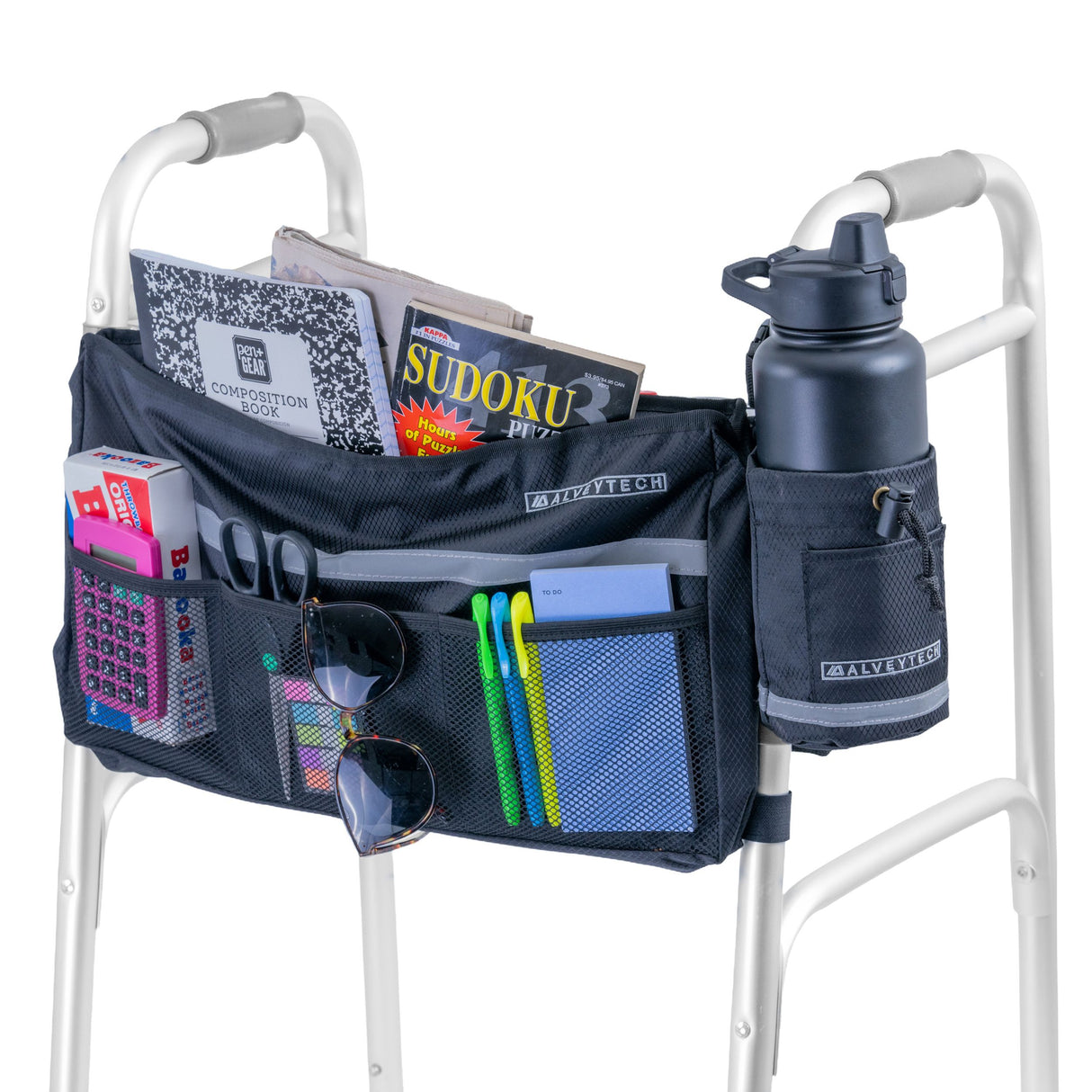 Deluxe Walker/Rollator Bag & Cup Holder Combination featuring a bag with multiple pockets attached to a walker, and a water bottle held securely in a cup holder.