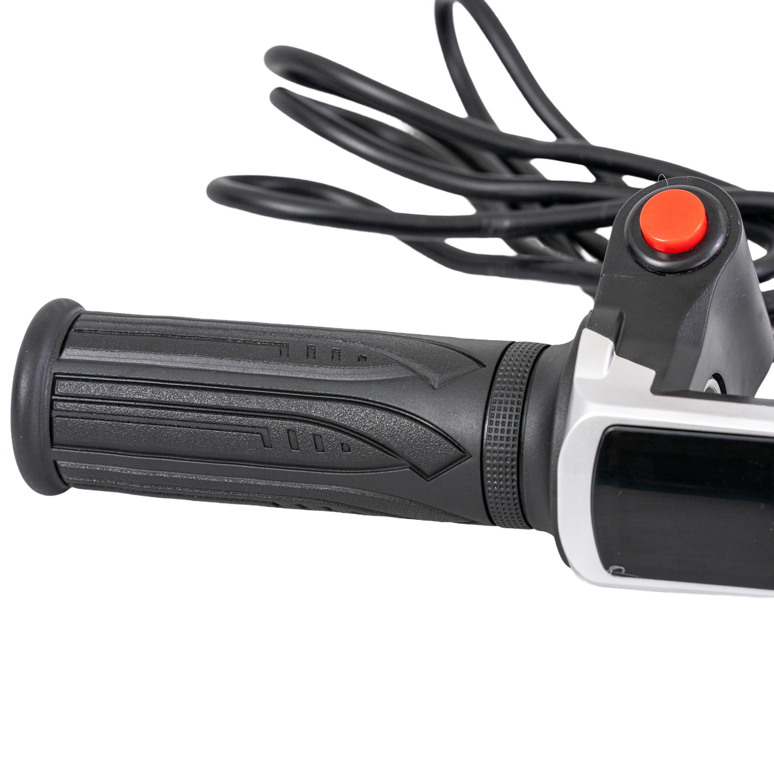 6-Wire Hand Throttle & Grip Set for the ANCHEER an-EB5 Plus Folding Electric Bicycle, featuring a twist-grip hand control with an LED display and a red cruise control button.