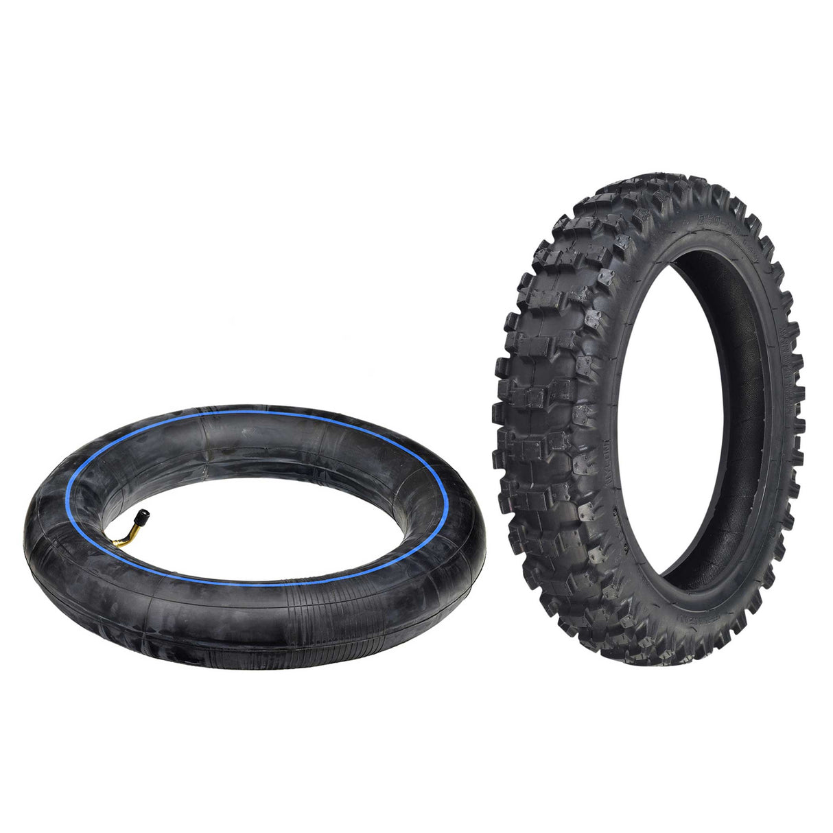 2.50-10 Dirt Bike Tire with Knobby Tread Pattern, featuring a robust black rubber construction and distinctive blue lines, ideal for mini dirt bikes like Razor MX500 and MX650.