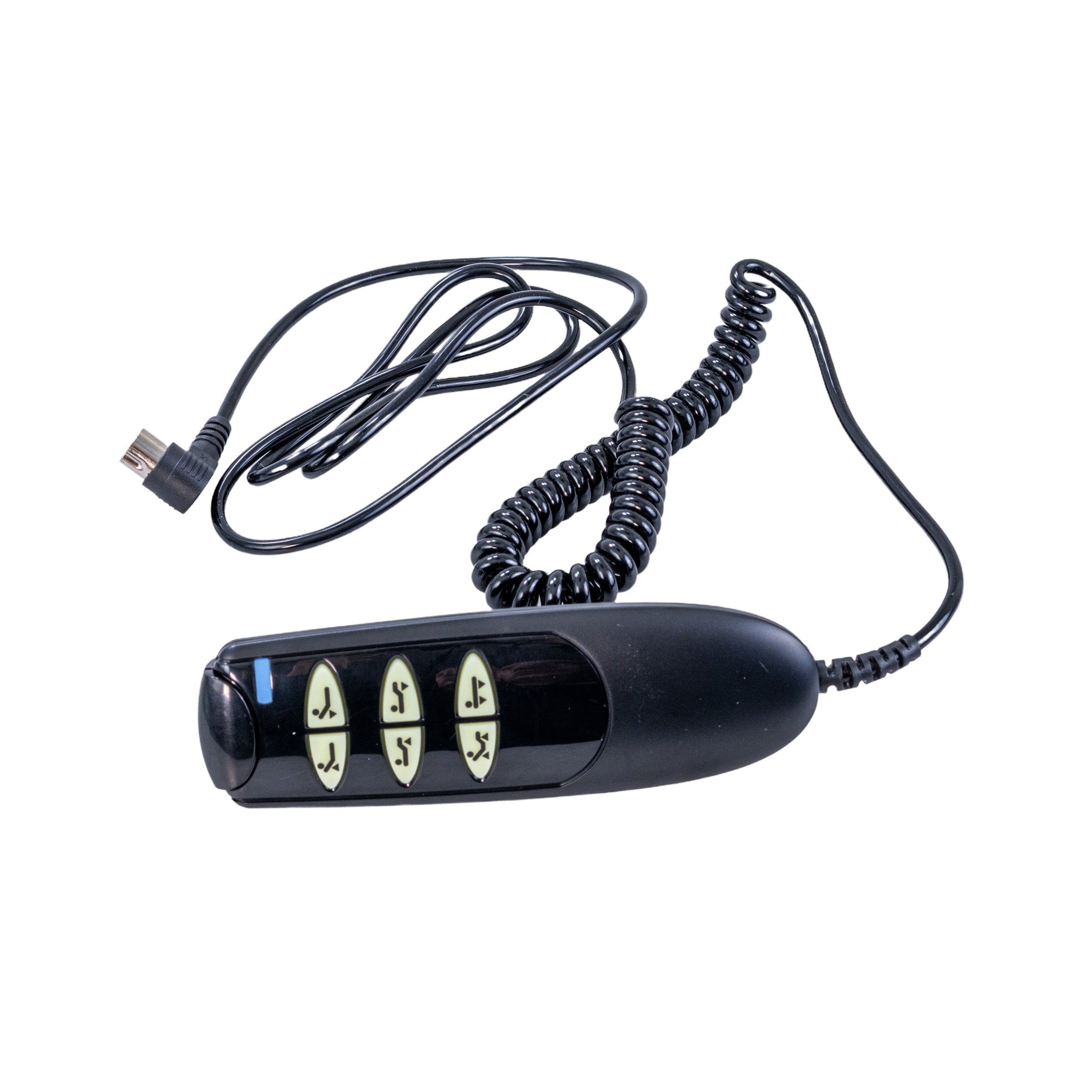 6-Button 5-Pin Hand Control Pendant for the Drive Medical Delta Ultra-Light 1000 Semi-Electric Hospital Bed, featuring a black remote with buttons and a coiled cord, designed for easy operation.