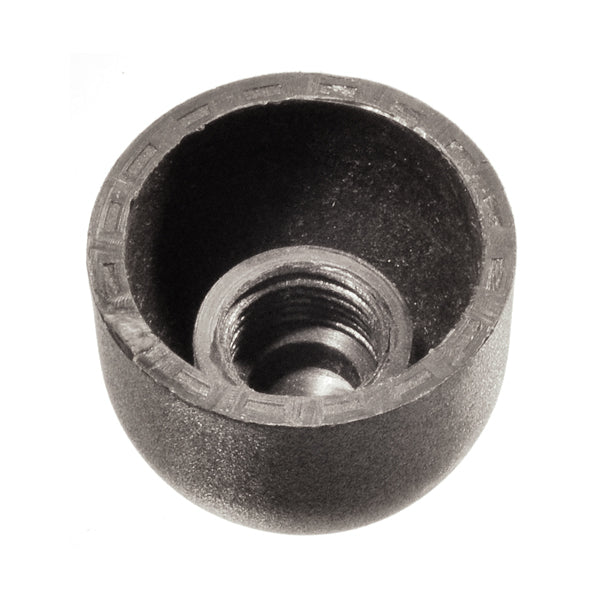 Black Plastic End Cap for the Articulating Beam Assembly on the Jazzy 1103 and Jet 3 Power Chairs, showing a close-up of the round object with an attached nut, essential for preventing rust in caster assemblies.