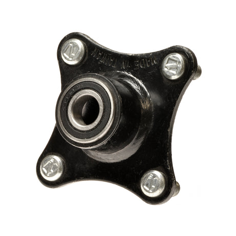 3-3/4 Bearing Plate with Bearings for Pride Wrangler showing black metal plate with screws and mounted bearings, essential for holding the front wheel assembly together.